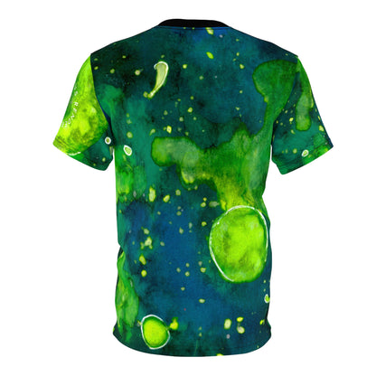 Green Watercolor Cosmos Tee — All-Over Print Artistic T-Shirt