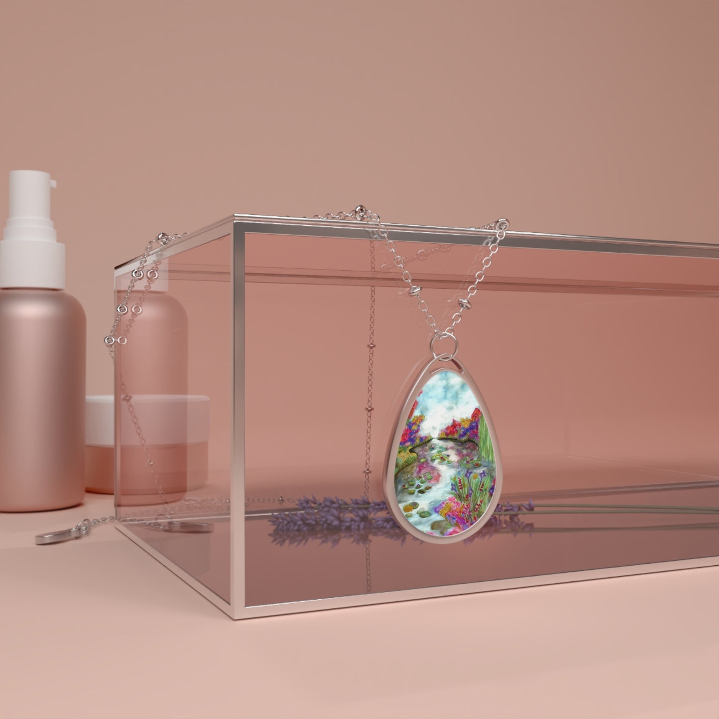 Silver Oval Pendant Necklace with Hand-painted Flowers on the Pond Nature Art