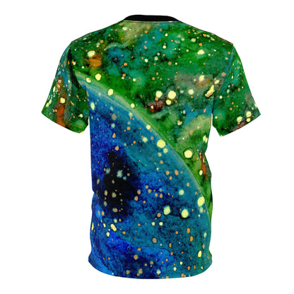 Galaxy Ocean Abstract Tee — Vibrant Blue & Green All-Over Print