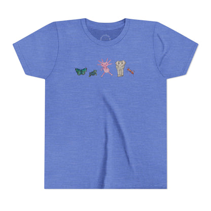 Youth Tee — Whimsical Critters (butterfly, ant, axolotl, elephant)