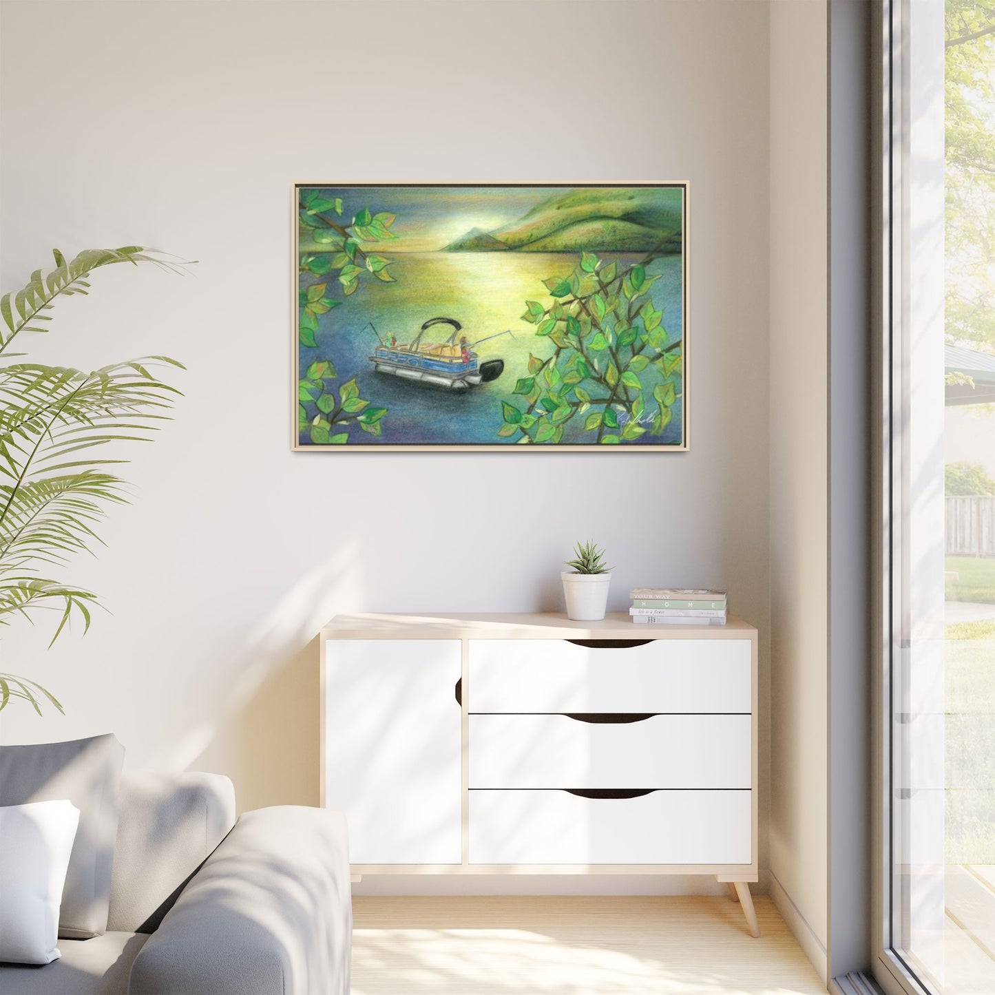 Pontoon Boat on Lake Framed Wall Art