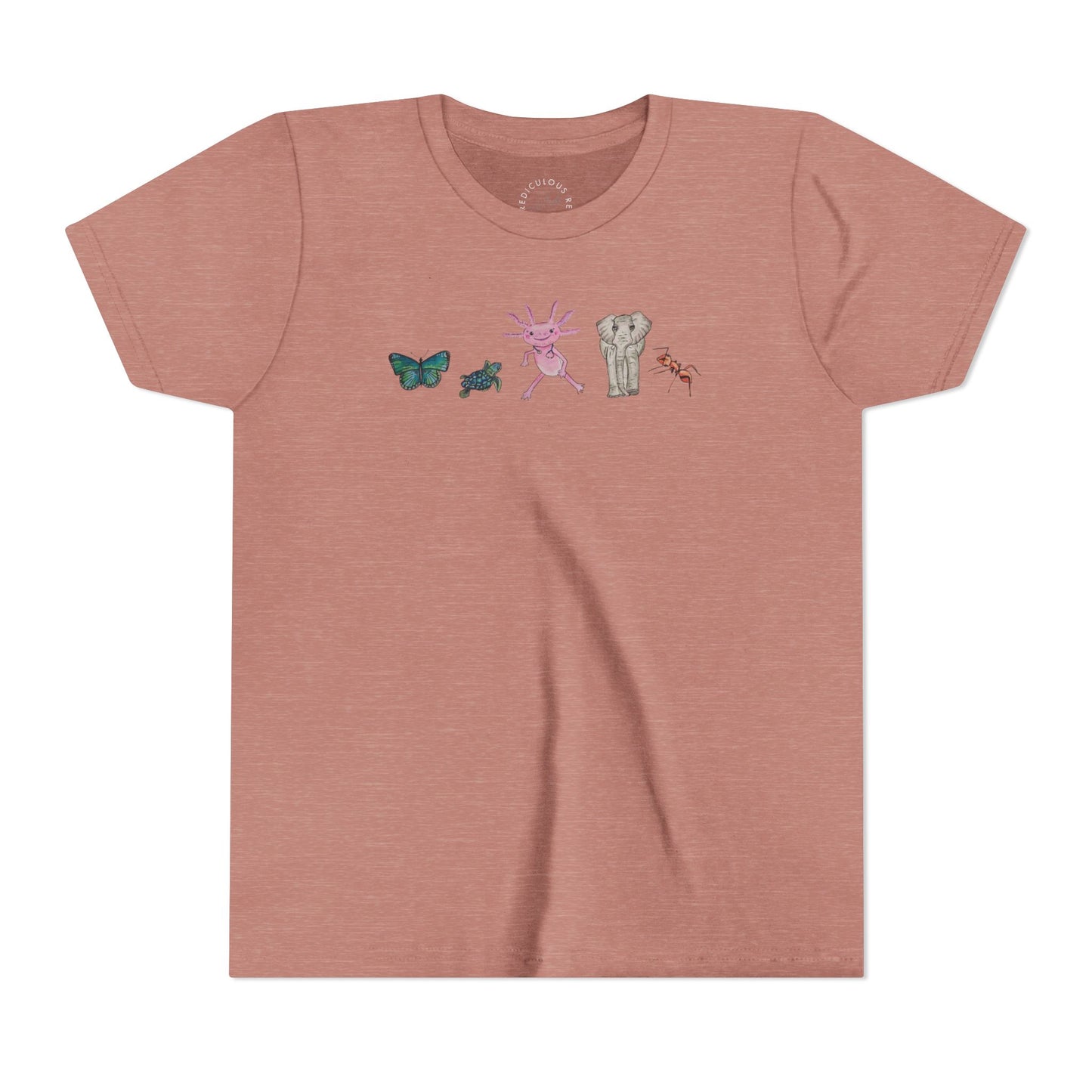 Youth Tee — Whimsical Critters (butterfly, ant, axolotl, elephant)