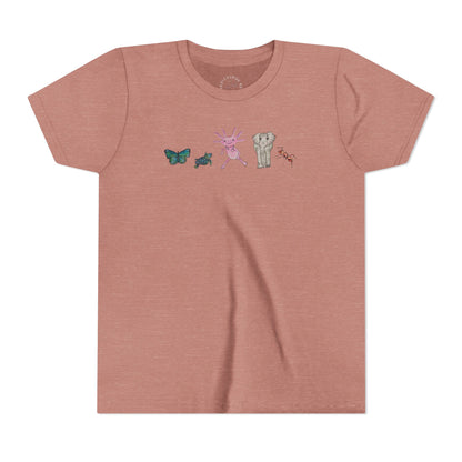 Youth Tee — Whimsical Critters (butterfly, ant, axolotl, elephant)