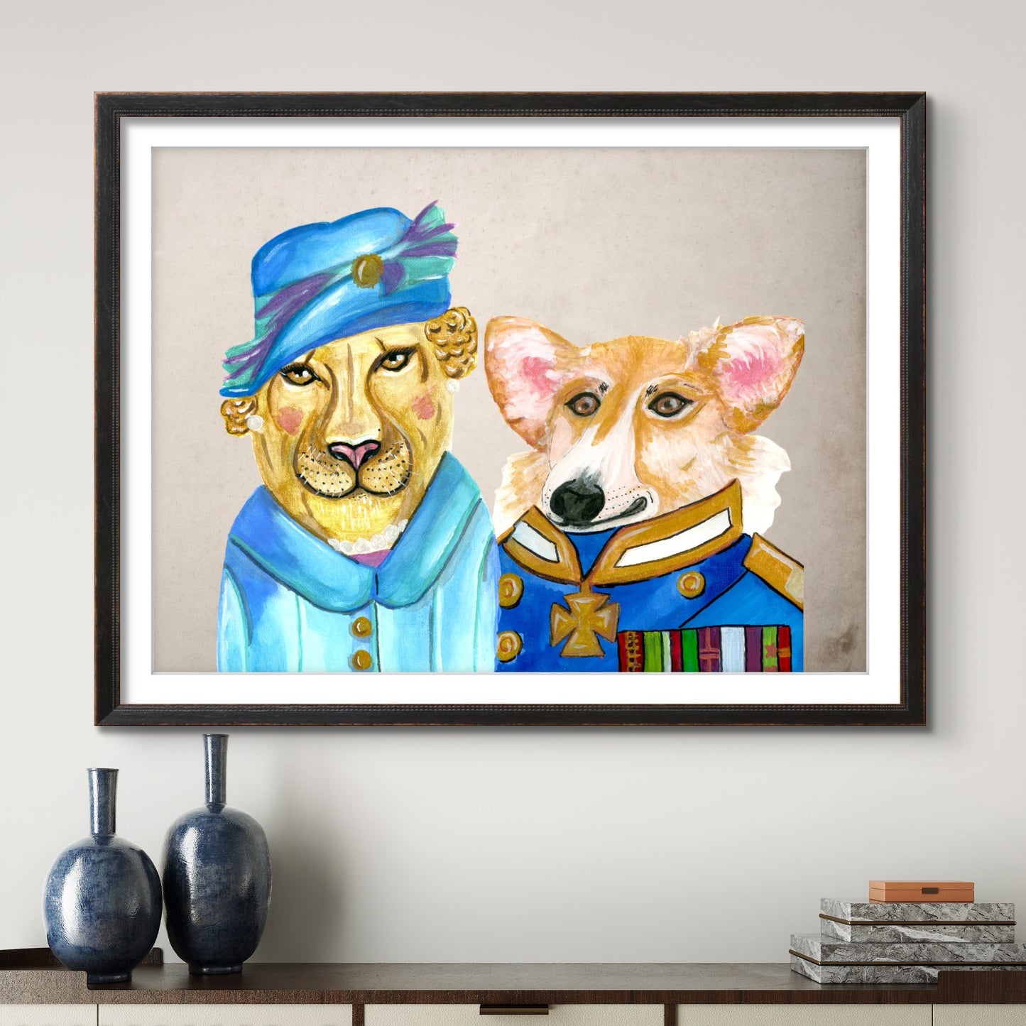 Queen Lion and King Corgie of England in Clothes 8x10 Museum Grade Fine Art Print