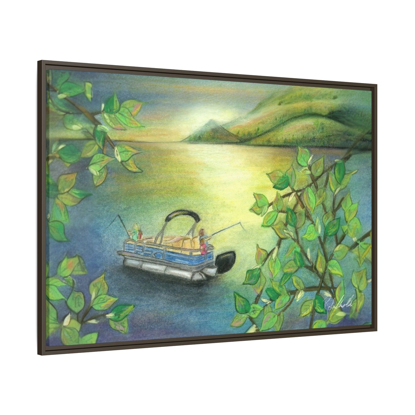 Pontoon Boat on Lake Framed Wall Art