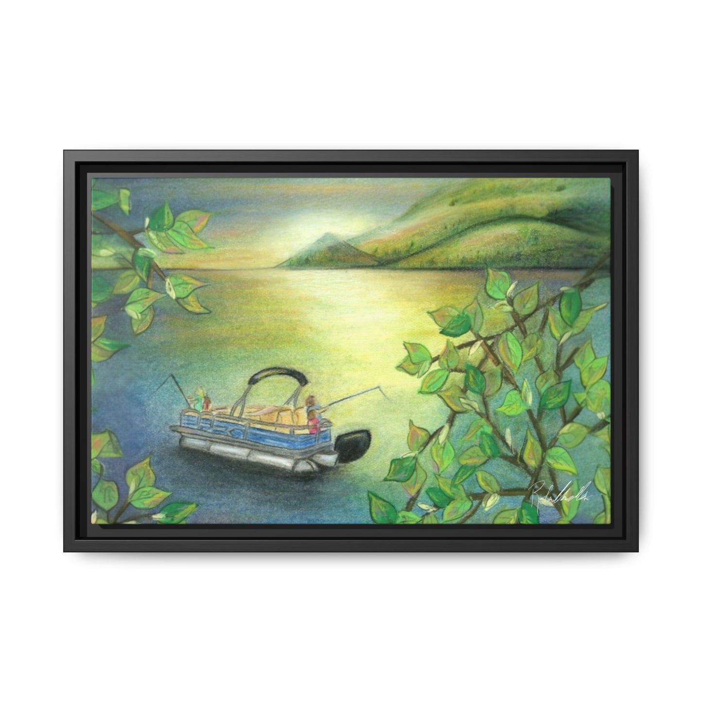 Pontoon Boat on Lake Framed Wall Art