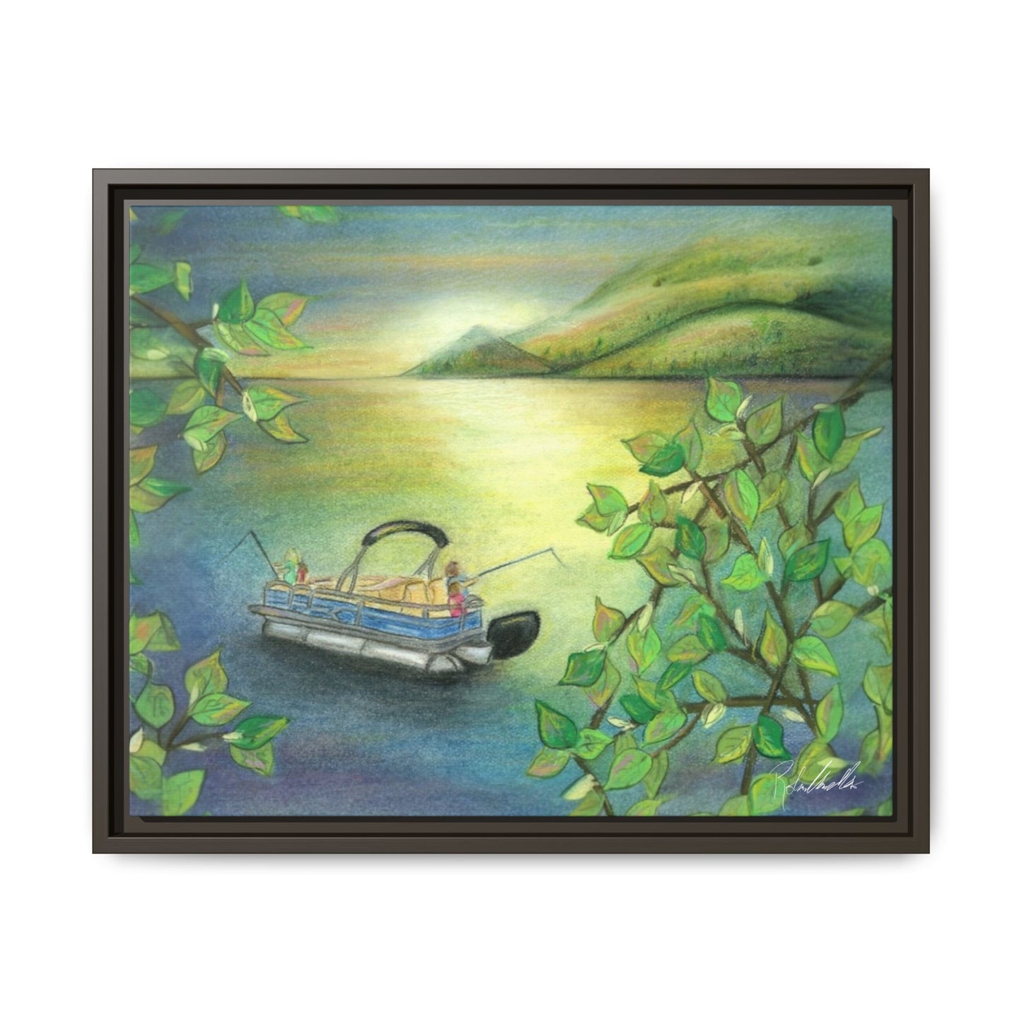 Pontoon Boat on Lake Framed Wall Art