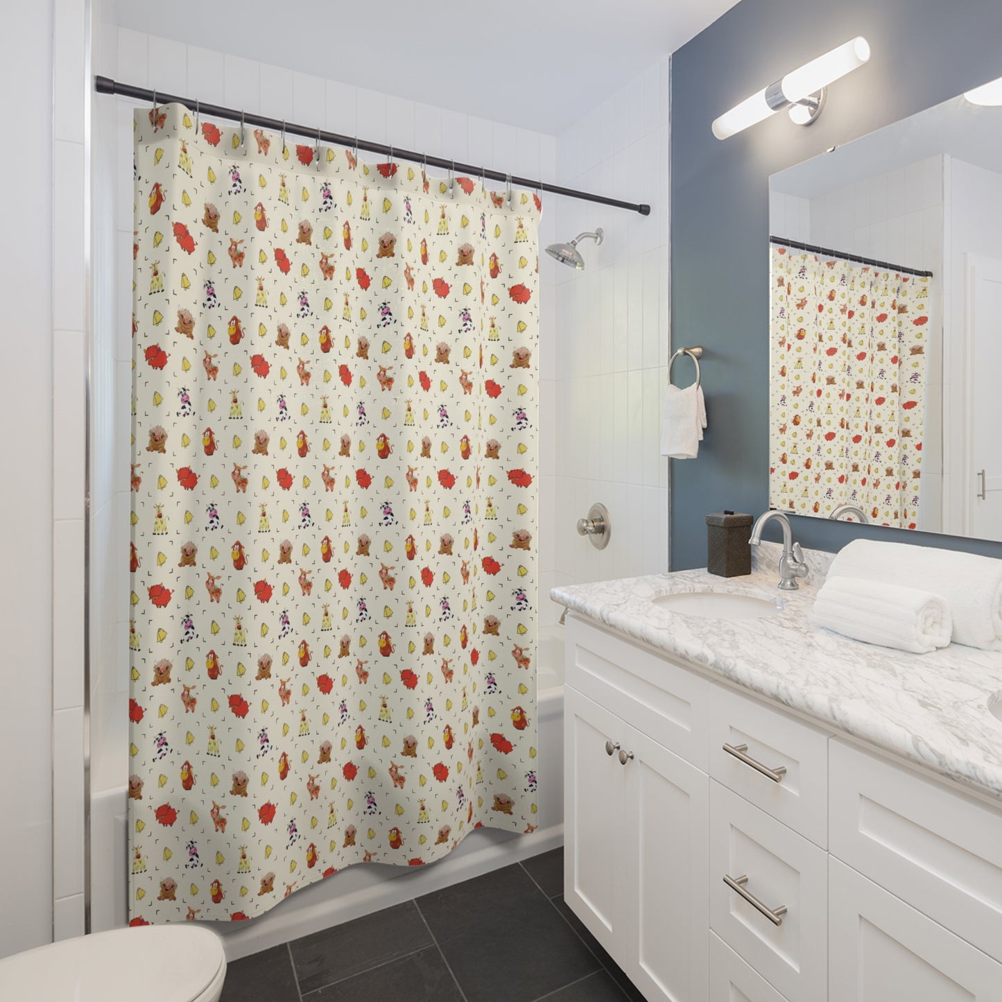 Woodland Cowbell Shower Curtain — Cute Farm Animals & Cow Bells Bathroom Decor