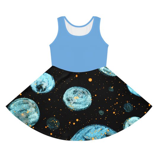 Light Blue Top Little Blue Planets Galaxy Girls' Sleeveless Sundress (AOP)