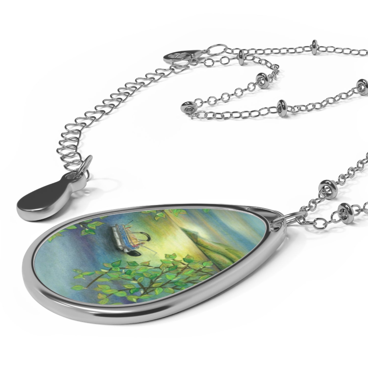 Silver Oval Pendant Necklace with Hand-painted Pontoon Boat on Lake Art