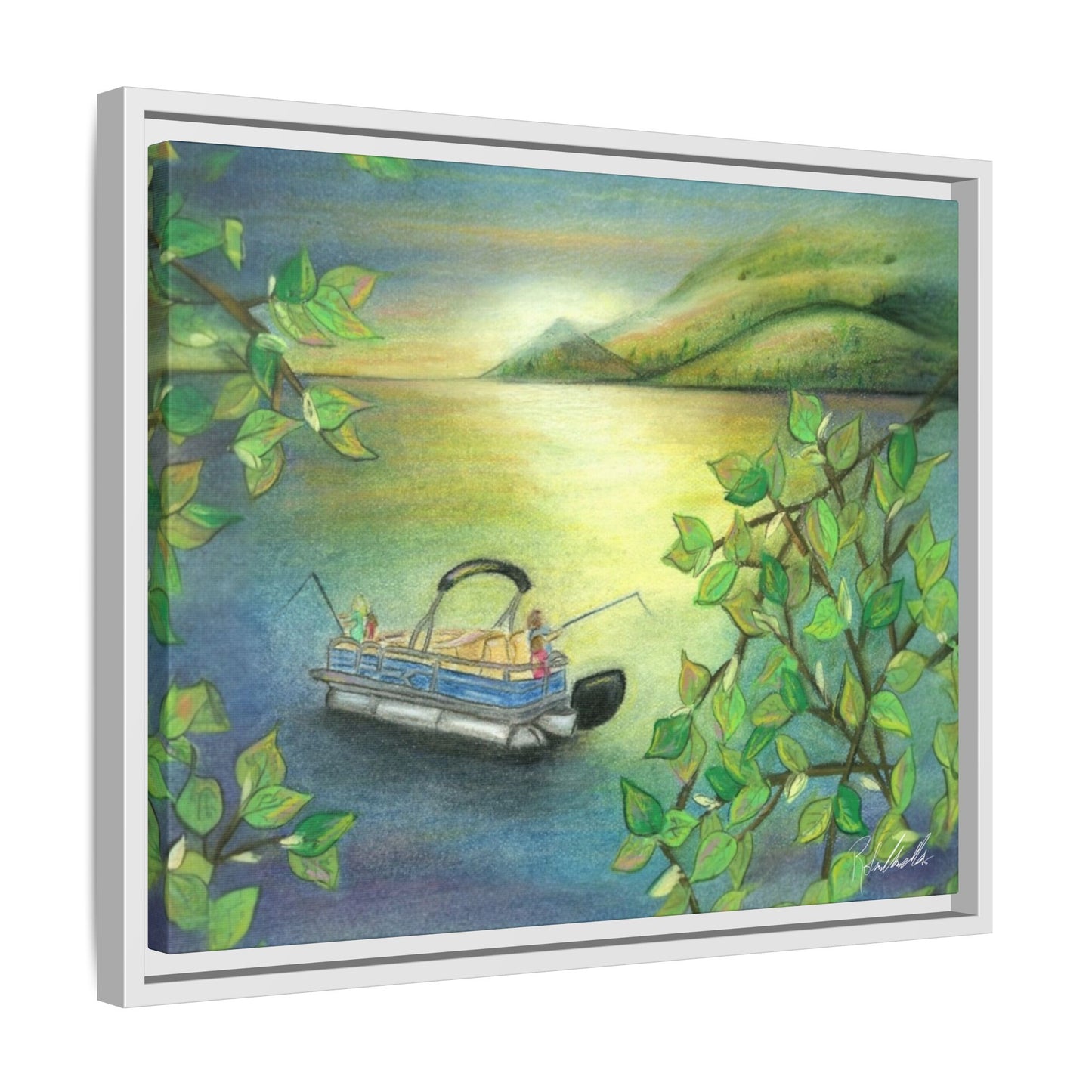 Pontoon Boat on Lake Framed Wall Art