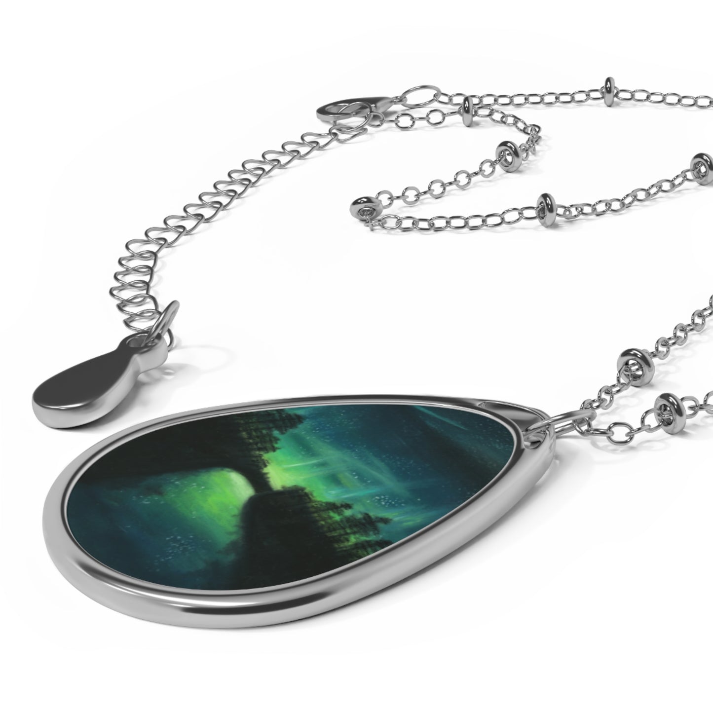 Silver Oval Pendant Necklace with Hand-painted Aurora Northern Lights Art