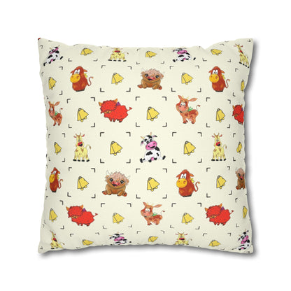 Cute Farm Animal Pattern Square Pillowcase – Whimsical Chick, Pig & Cow Throw Pillow Cover
