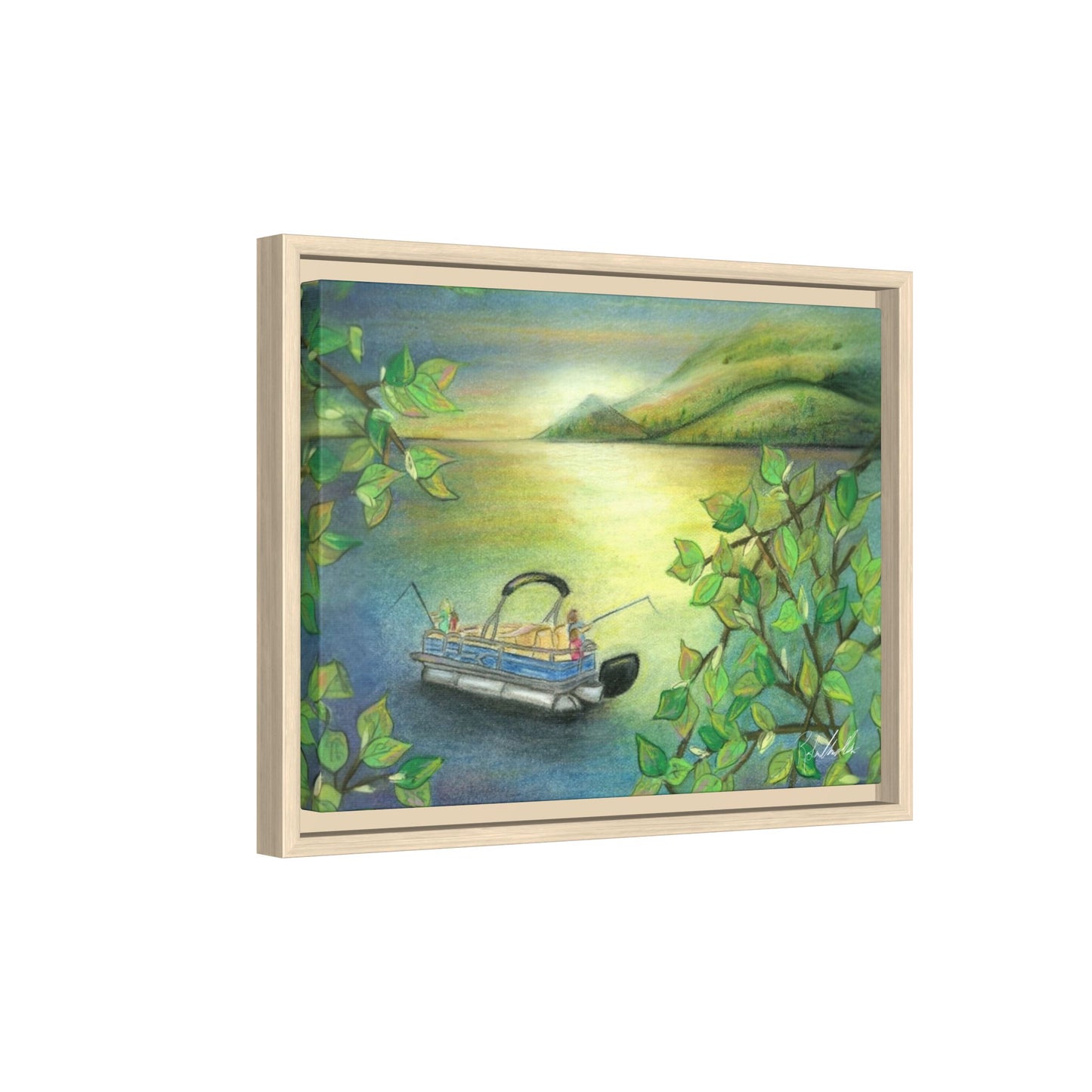 Pontoon Boat on Lake Framed Wall Art