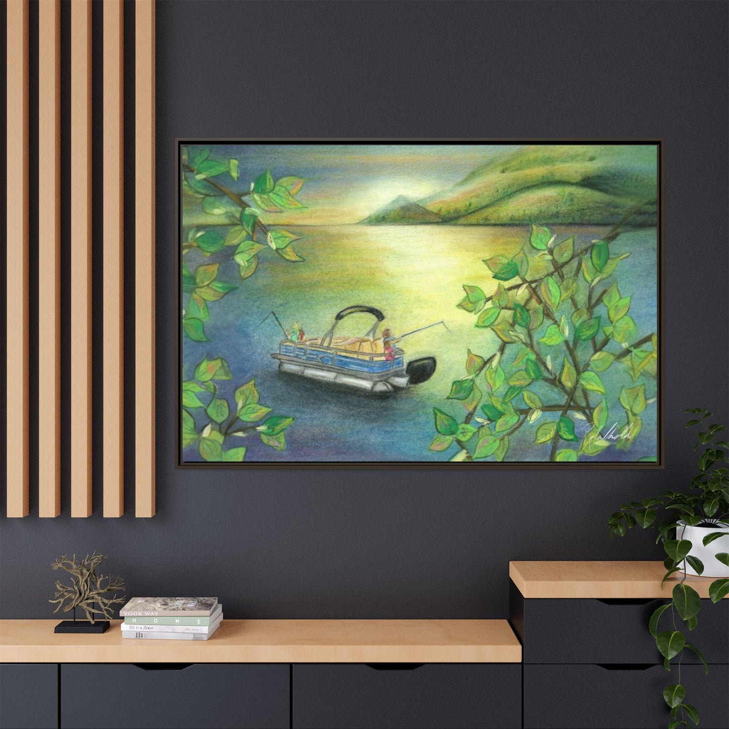 Pontoon Boat on Lake Framed Wall Art