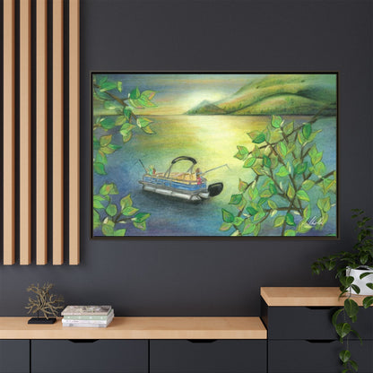 Pontoon Boat on Lake Framed Wall Art