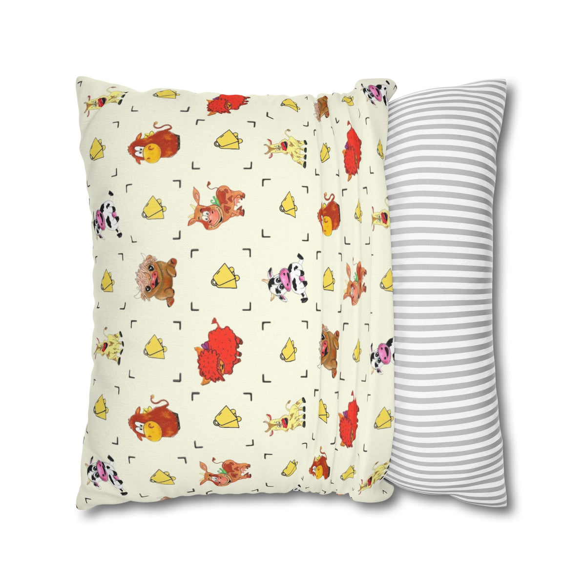 Cute Farm Animal Pattern Square Pillowcase – Whimsical Chick, Pig & Cow Throw Pillow Cover
