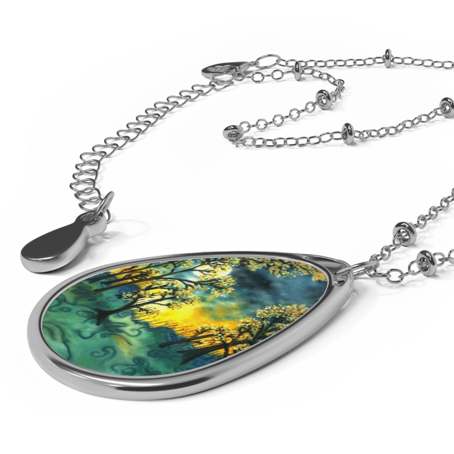 Silver Oval Pendant Necklace with Hand-painted Green Fire Forest Nature Art