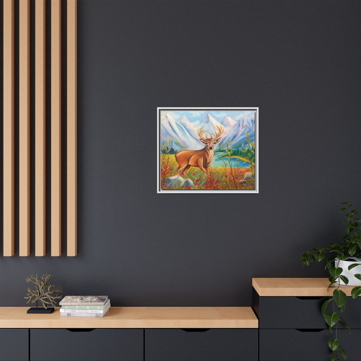 Framed Canvas Wall Art — Majestic Deer in Mountain Meadow