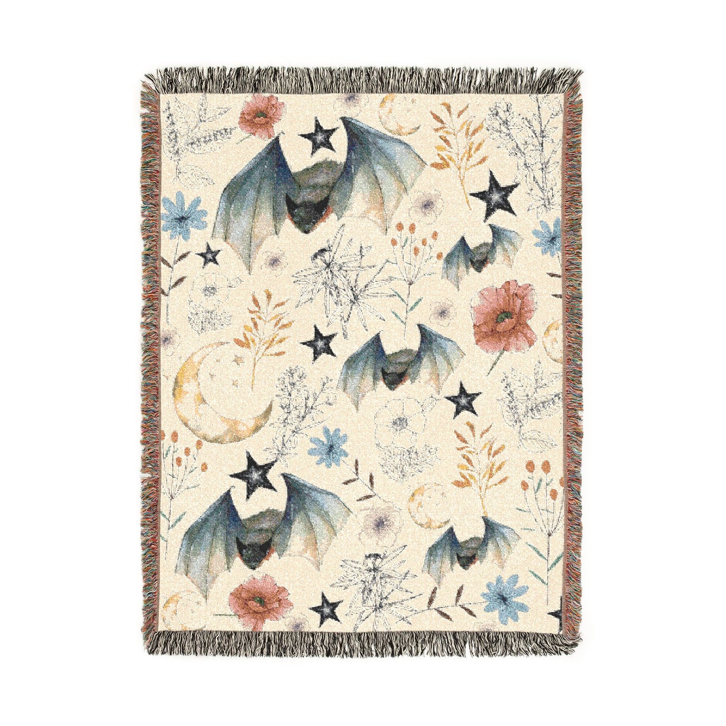 Celestial Bat Woven Blanket — Moon & Star Throw with Botanical Accents