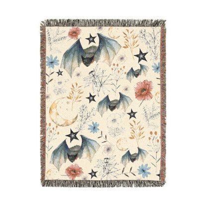 Celestial Bat Woven Blanket — Moon & Star Throw with Botanical Accents