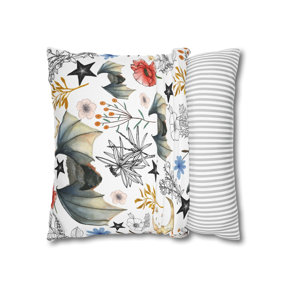 Botanical Night Bat Pillowcase — Floral Moon & Stars Throw Pillow Cover