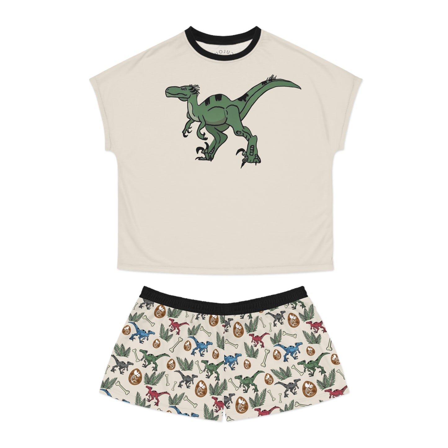 Dinosaur Pajama Set — Women's Short Sleep Set with Raptor Print & Dino Patterned Shorts
