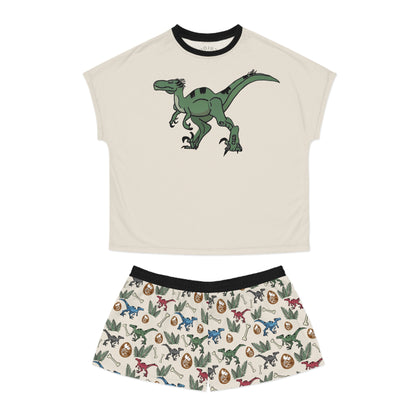 Dinosaur Pajama Set — Women's Short Sleep Set with Raptor Print & Dino Patterned Shorts