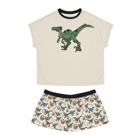 Dinosaur Pajama Set — Women's Short Sleep Set with Raptor Print & Dino Patterned Shorts