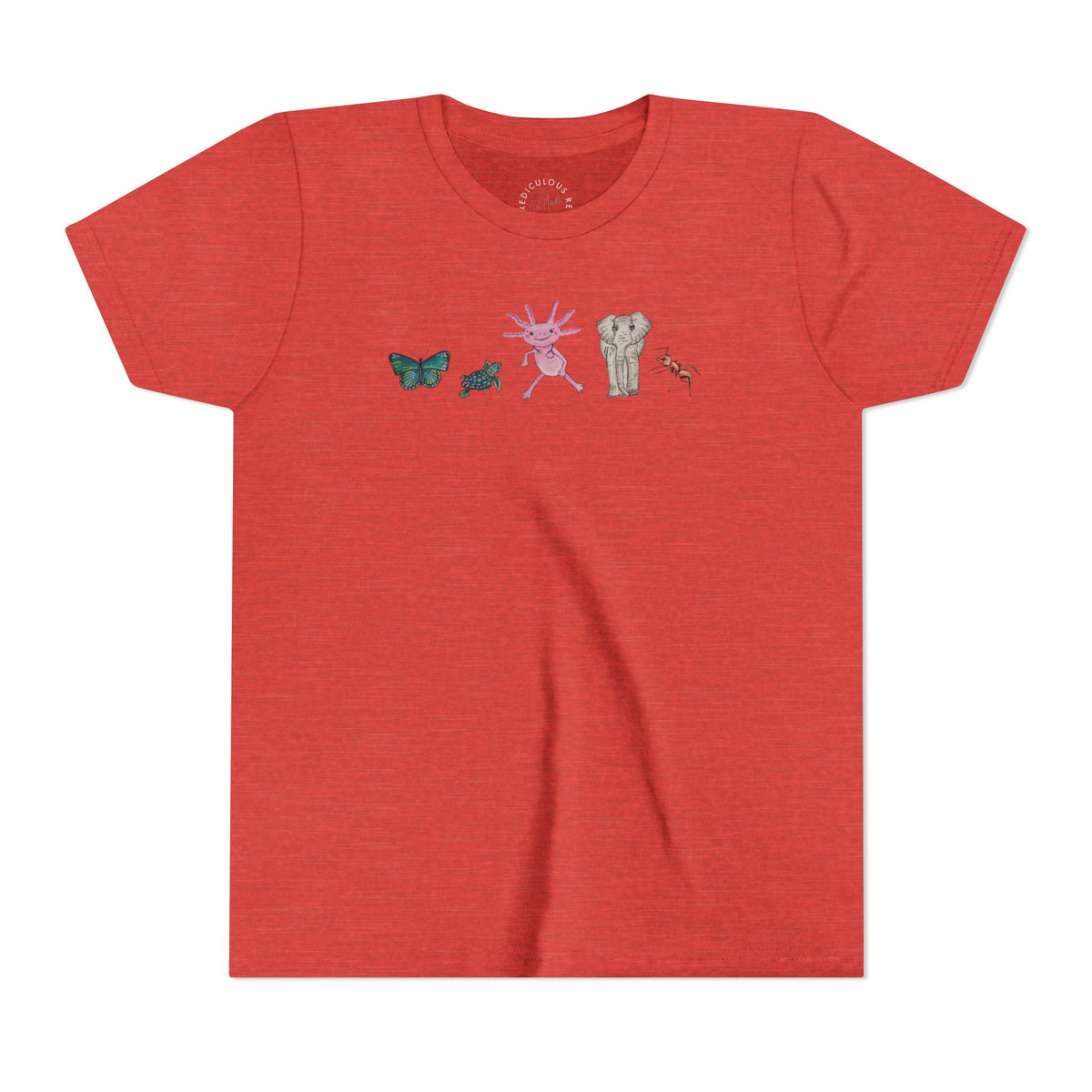 Youth Tee — Whimsical Critters (butterfly, ant, axolotl, elephant)