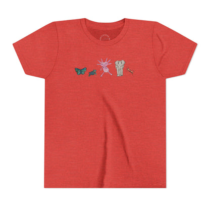 Youth Tee — Whimsical Critters (butterfly, ant, axolotl, elephant)