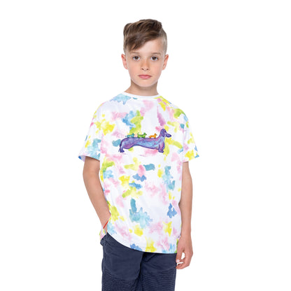Kids Jersey — Watercolor Tie-Dye Dachshund Crew with 'Good Vibes'