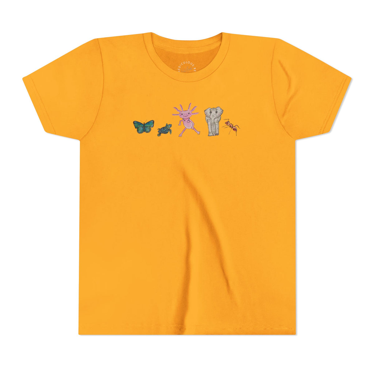 Youth Tee — Whimsical Critters (butterfly, ant, axolotl, elephant)