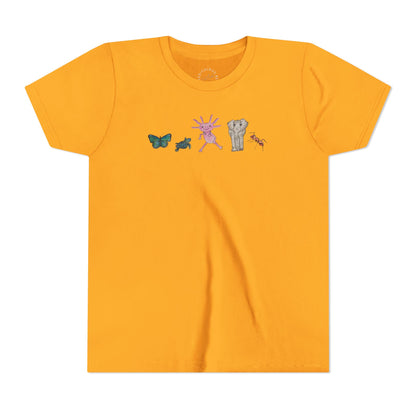 Youth Tee — Whimsical Critters (butterfly, ant, axolotl, elephant)