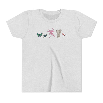 Youth Tee — Whimsical Critters (butterfly, ant, axolotl, elephant)