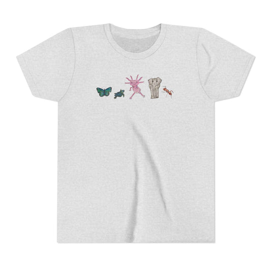 Youth Tee — Whimsical Critters (butterfly, ant, axolotl, elephant)