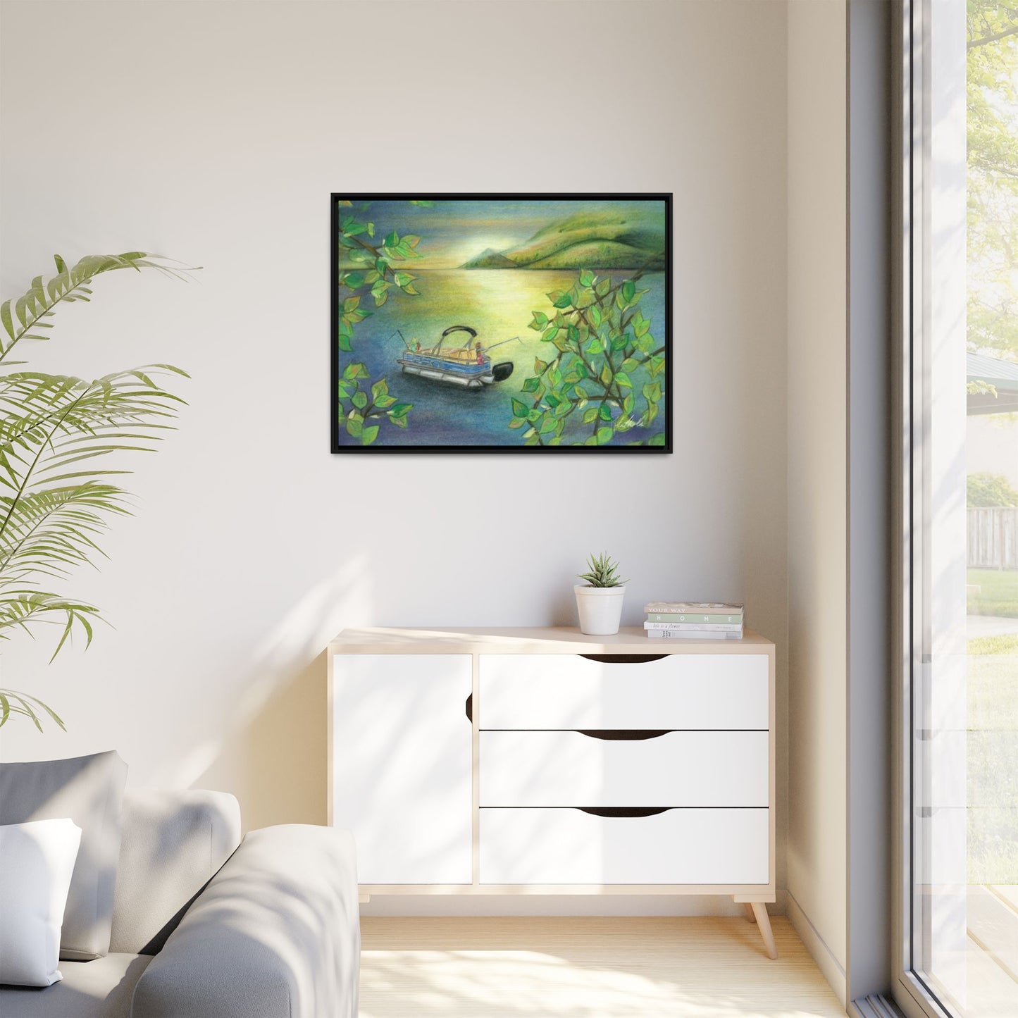 Pontoon Boat on Lake Framed Wall Art