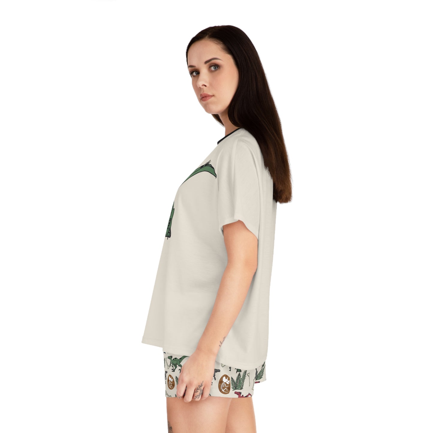 Dinosaur Pajama Set — Women's Short Sleep Set with Raptor Print & Dino Patterned Shorts