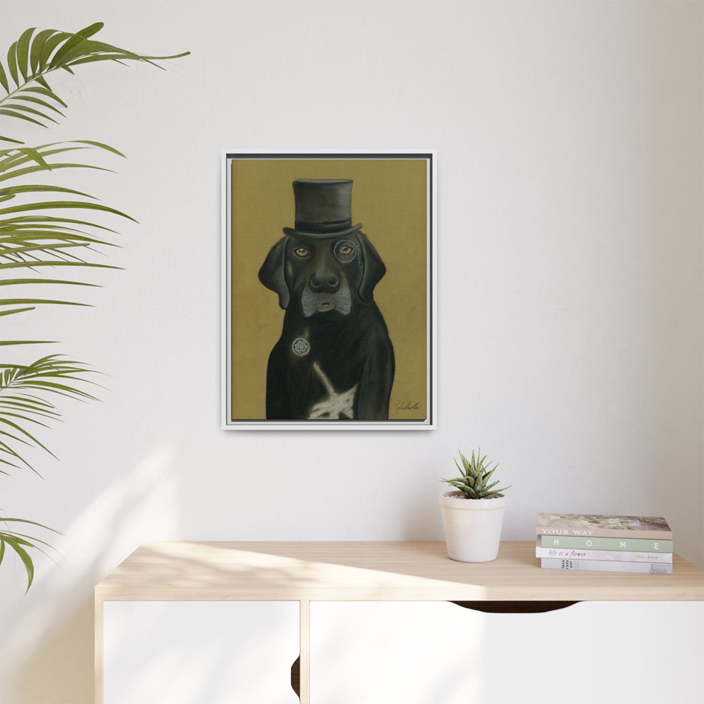 Black Lab Dog in Top Hat Framed Wall Art