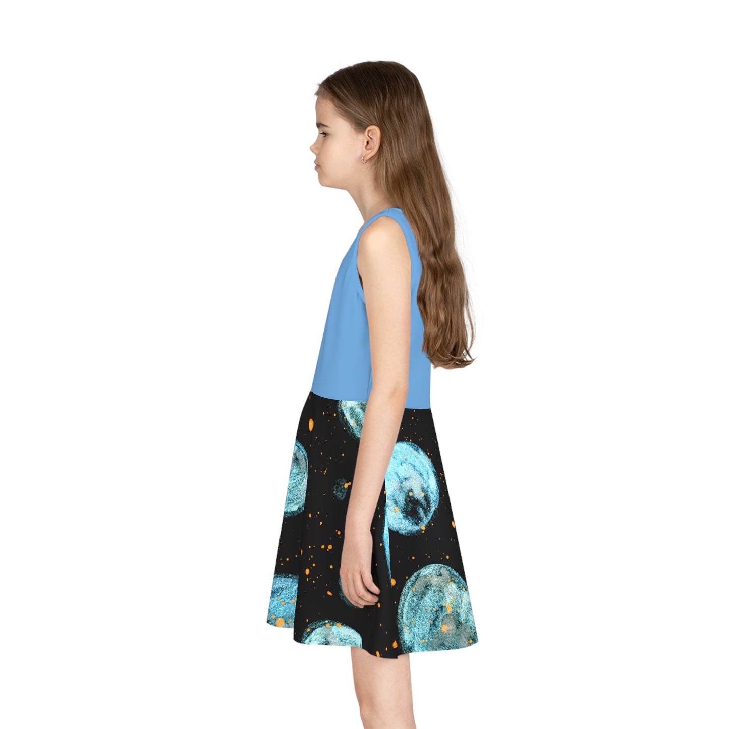 Light Blue Top Little Blue Planets Galaxy Girls' Sleeveless Sundress (AOP)