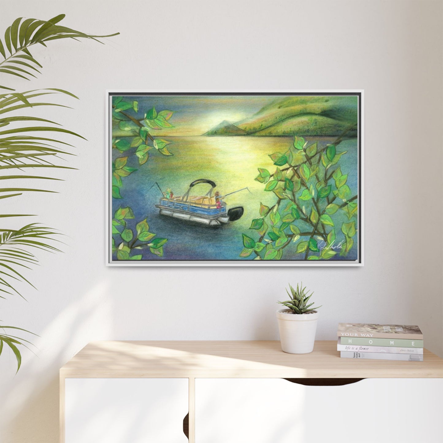 Pontoon Boat on Lake Framed Wall Art
