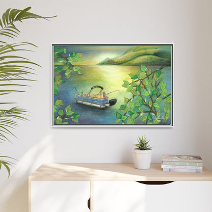 Pontoon Boat on Lake Framed Wall Art