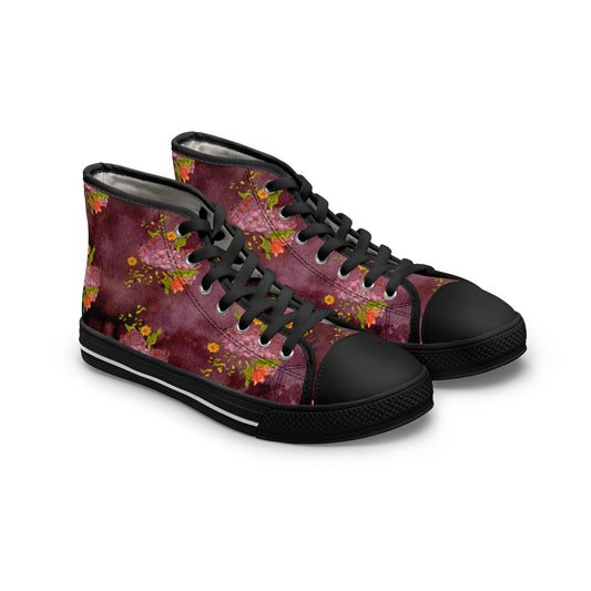 Floral Burgundy High Top Sneakers — Women's Artistic Rose Pattern