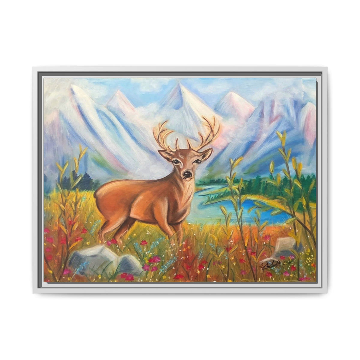 Framed Canvas Wall Art — Majestic Deer in Mountain Meadow