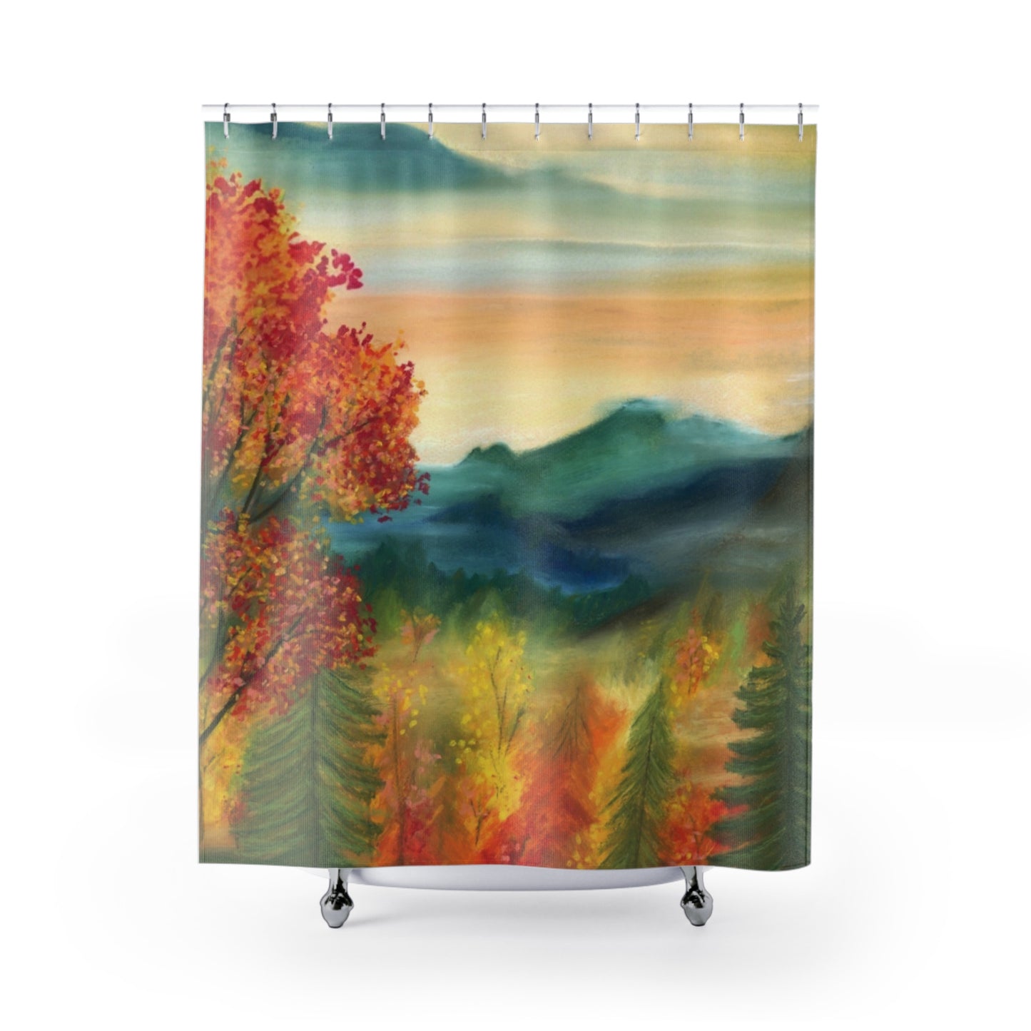 Autumn Mountain Landscape Shower Curtain — Watercolor Fall Trees Bathroom Decor