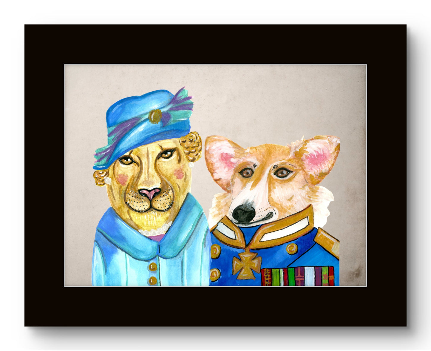 Queen Lion and King Corgie of England in Clothes 8x10 Museum Grade Fine Art Print