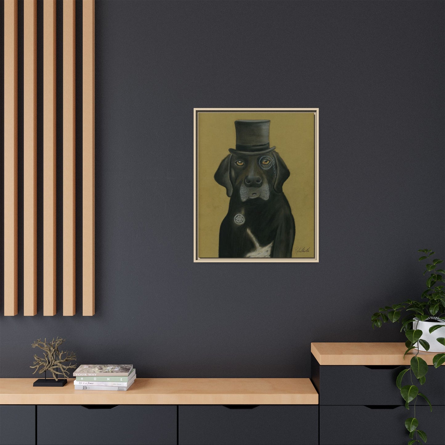Black Lab Dog in Top Hat Framed Wall Art