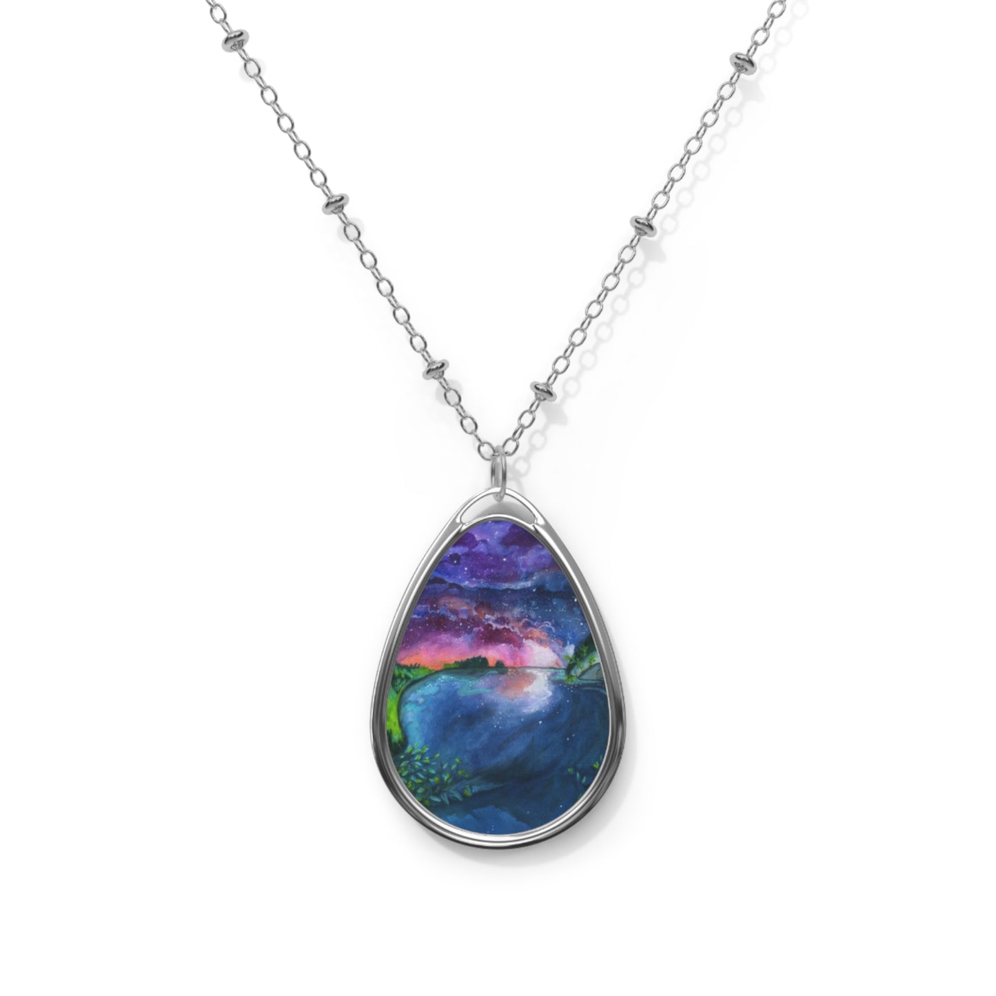 Silver Oval Pendant Necklace with Hand-painted Sunset Lake Watercolor Art