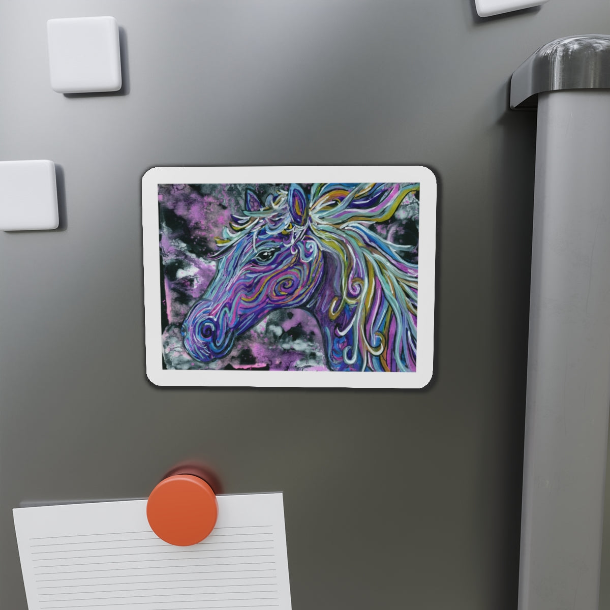 Horse with Background Die-Cut Magnets  Custom Shape, 5 Sizes, Vinyl Material for Outdoor Use, Flexible and Durable, Black Backing - Home Decor Refrigerator Magnets