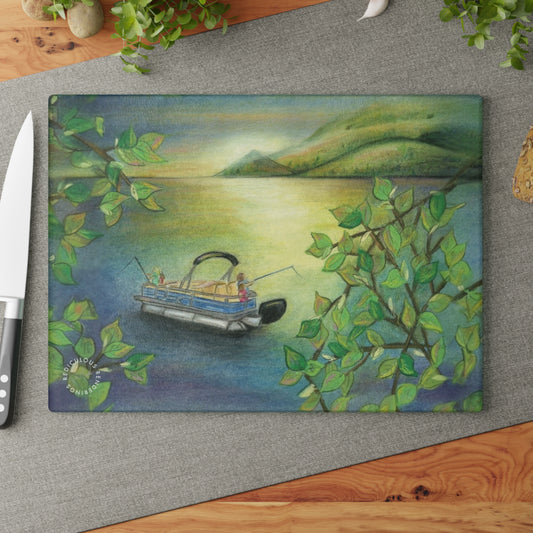 Lakefront Pontoon Glass Cutting Board – Tranquil Boating Kitchen Décor